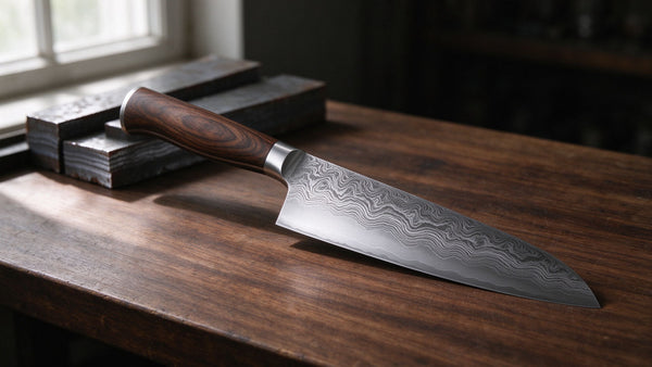Damascus chef knife next to layered steel billets on a knifemaker's workbench