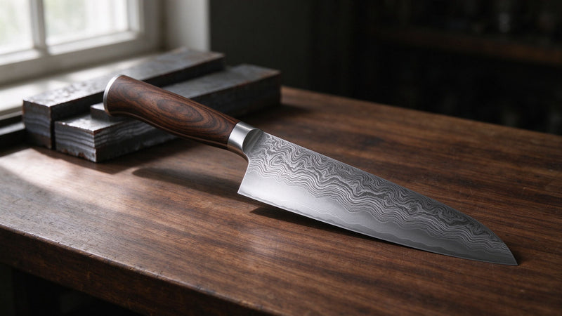 Damascus chef knife next to layered steel billets on a knifemaker's workbench
