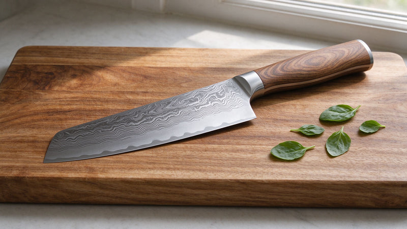 8-inch Damascus chef knife resting on a wooden cutting board