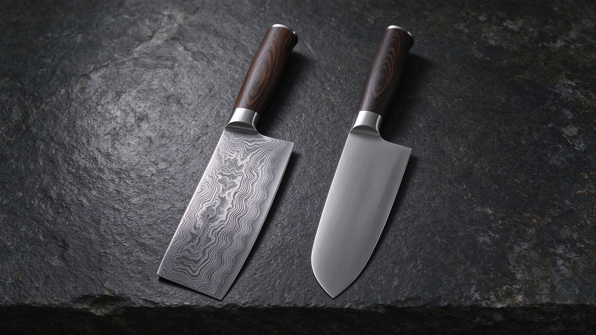 A Damascus-patterned knife and a plain stainless steel knife side by side