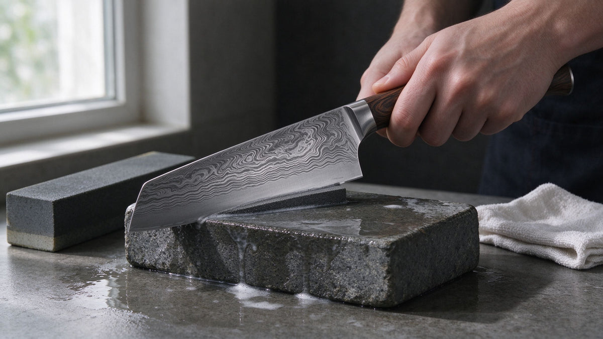 Damascus knife being sharpened on a whetstone with a consistent angle