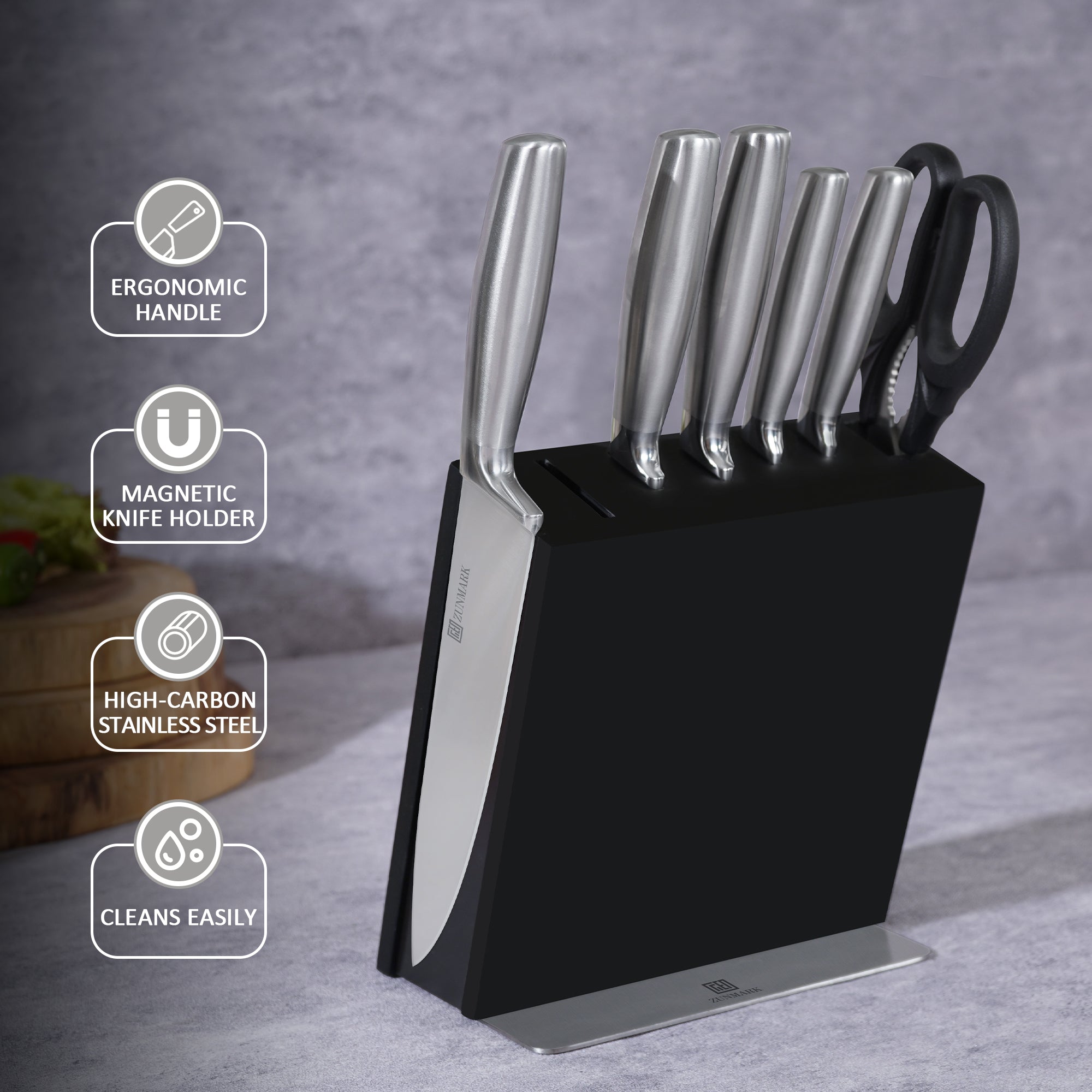 Luna Magnetic 7-Piece Knife Block Set, Silver