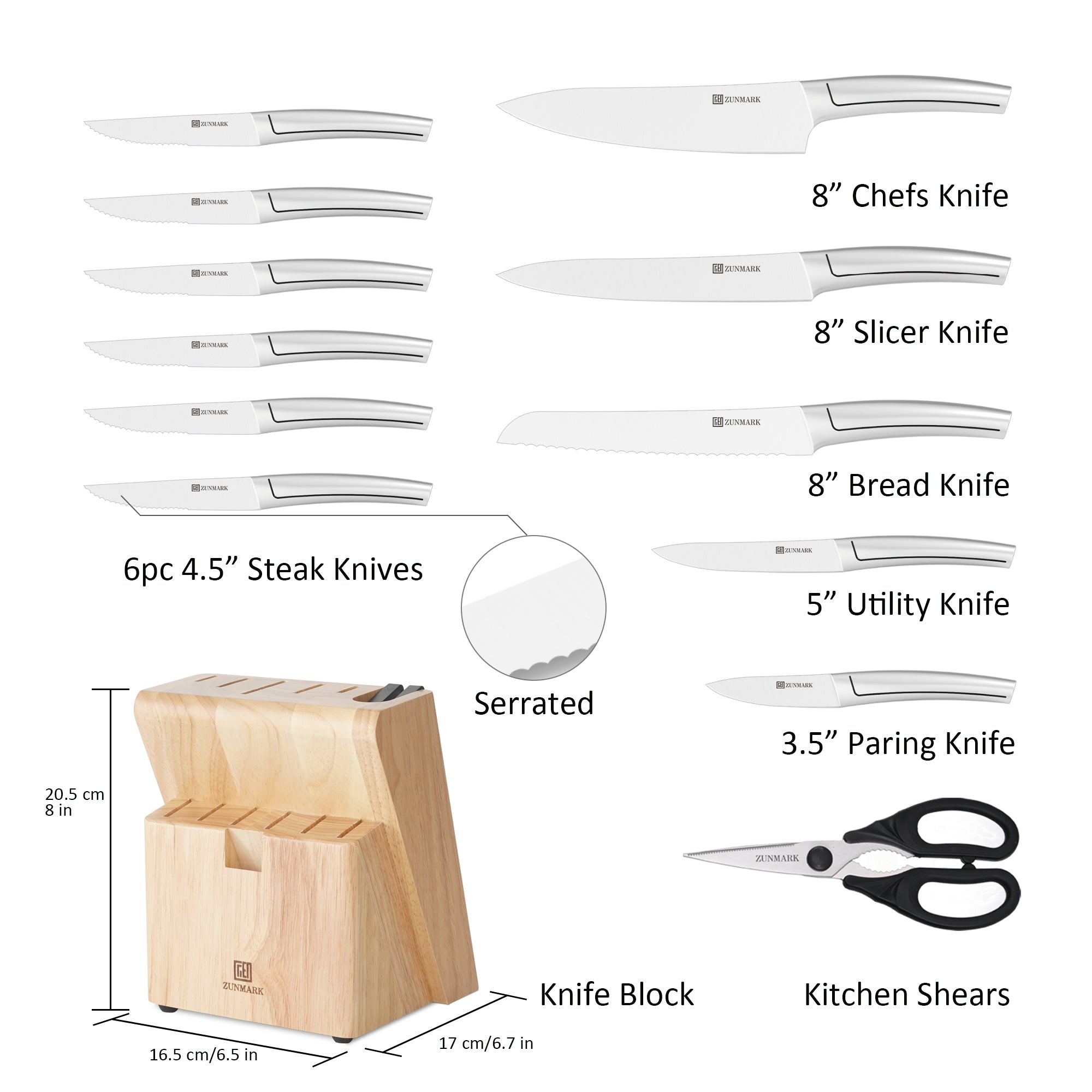 Arbor 13-Piece Knife Block Set – Built-in Sharpener, Silver
