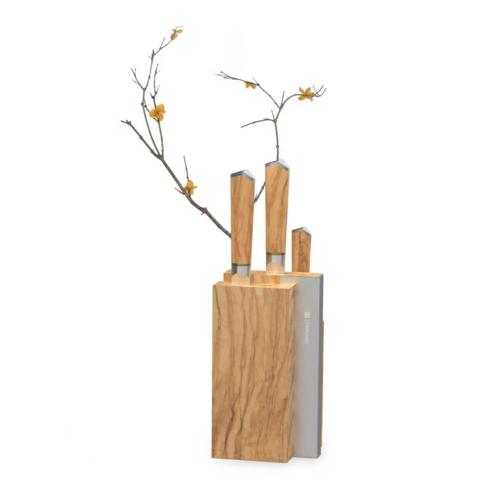Olive Wood Knife Block with Resin-Stabilized Construction & Integrated Flower Slot — Elegant, Durable Storage That Blends Natural Craftsmanship with Modern Kitchen Aesthetics and Functional Design.