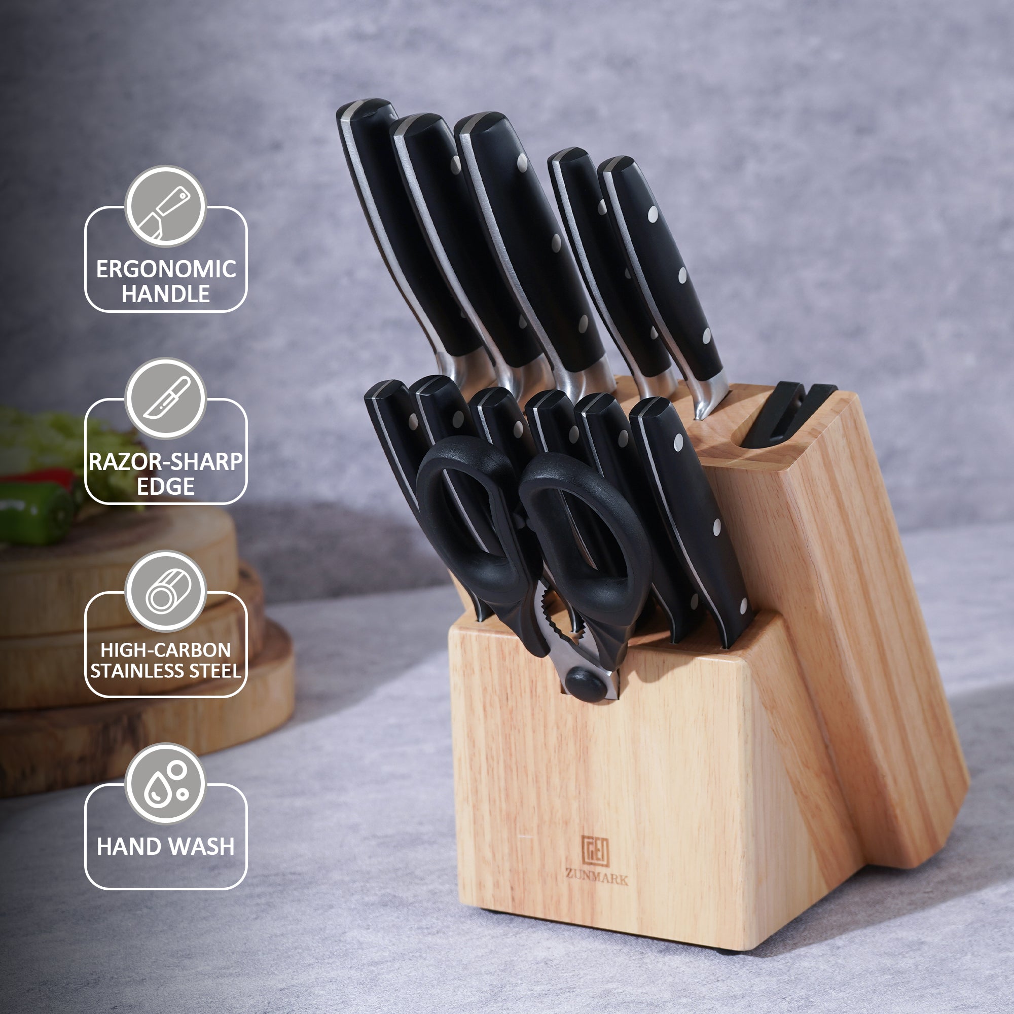Arbor 13-Piece Knife Block Set – Built-in Sharpener, Black