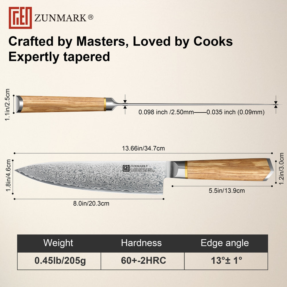 ZUNMARK 8” Damascus Chef Knife– Crafted for Lasting Sharpnes丨Kensan Series