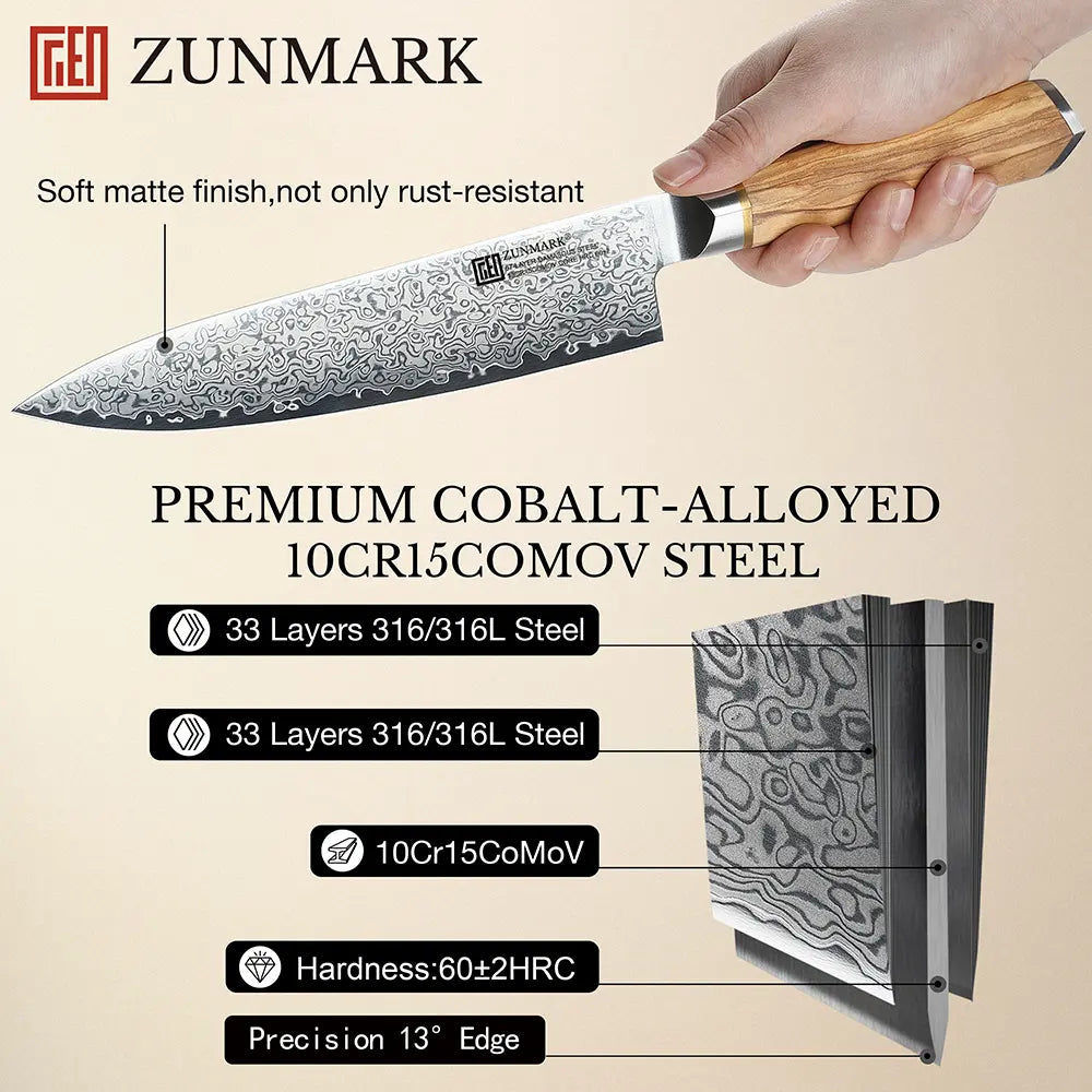 zunmark 8 inch damascus knife blade material